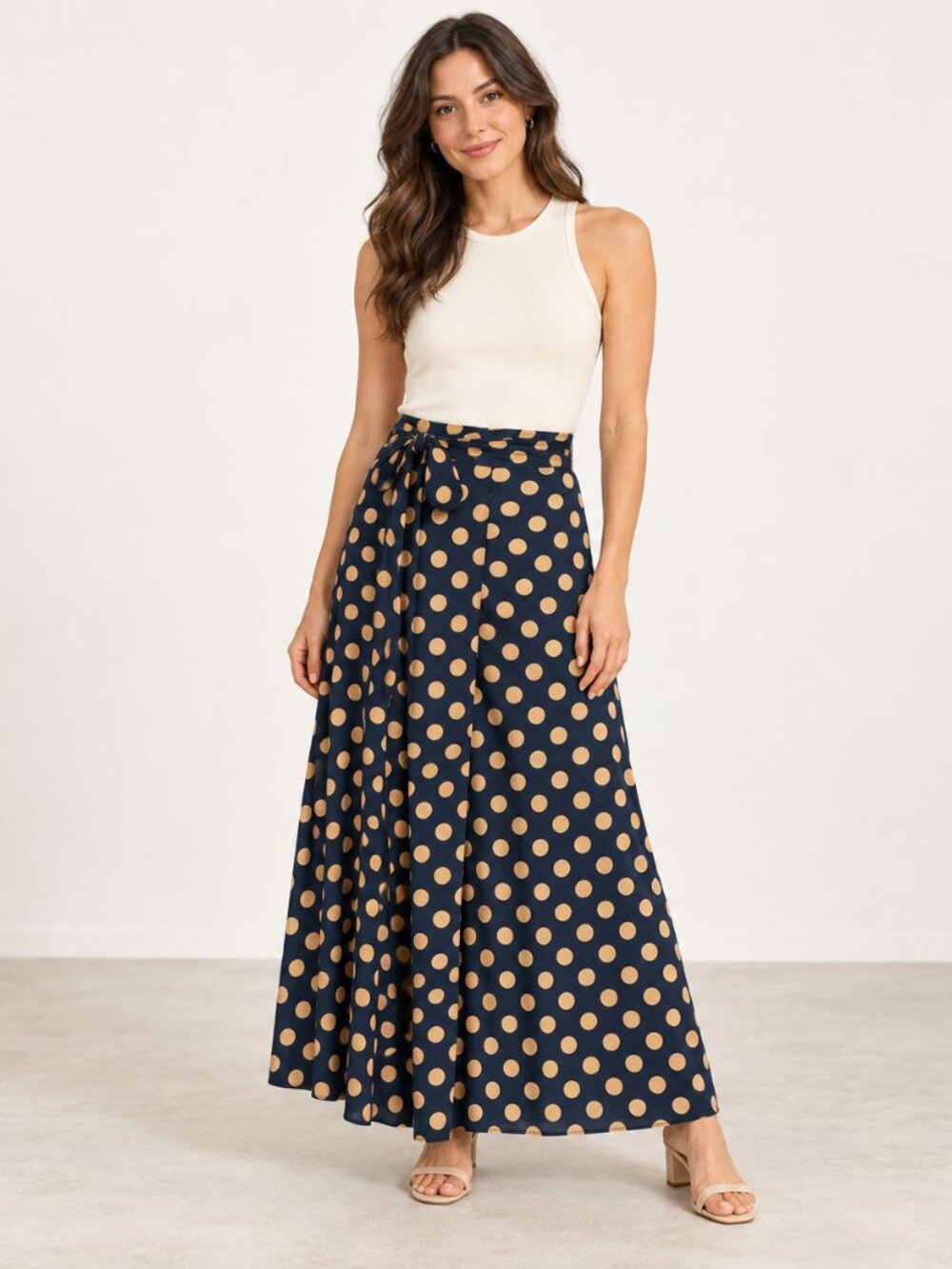 Korean Brand Navy Polka Dot Wrap Midi Skirt Size Small 0861